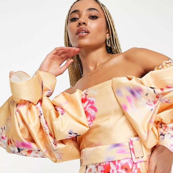 ASOS Pink and Orange Floral Puff Sleeve Off Shoulder Mini Dress size 2 XS NWT - Picture 4 of 12